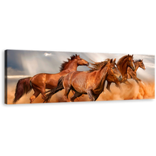 Load image into Gallery viewer, Running Horses Canvas Print, Brown Horses Galloping 1 Piece Canvas Wall Art, Horses Grey Sky Sand Wide Canvas
