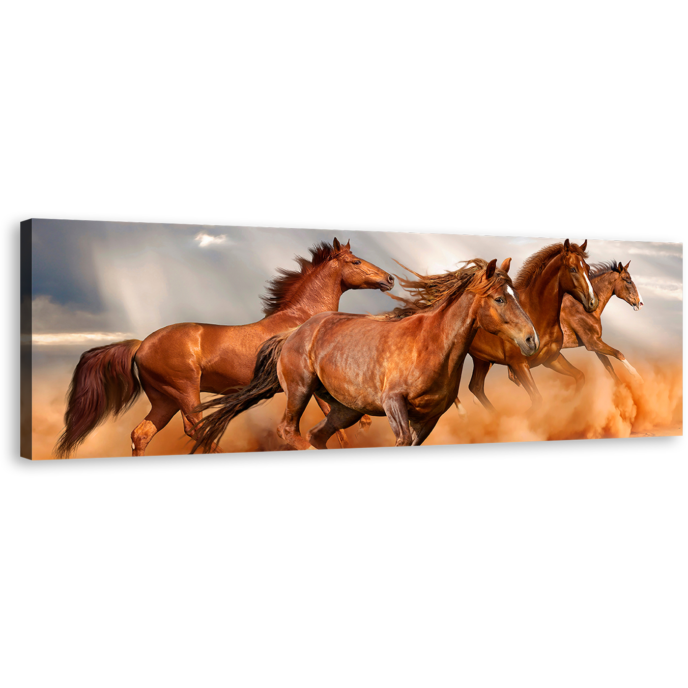 Running Horses Canvas Print, Brown Horses Galloping 1 Piece Canvas Wall Art, Horses Grey Sky Sand Wide Canvas