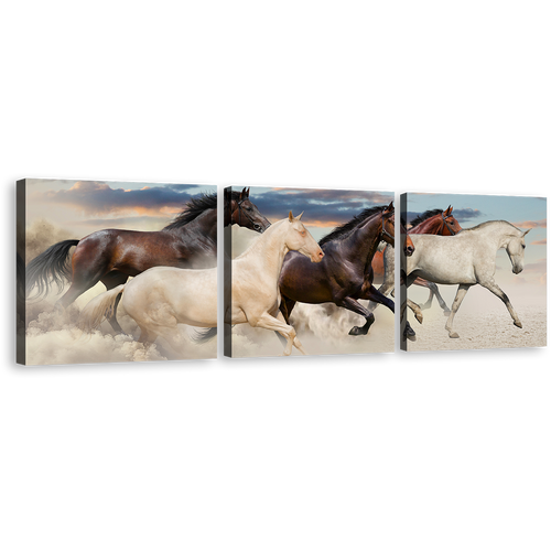 Running Horses Canvas Wall Art, Heard of Brown White Horses Canvas Print, Horses Desert at Sunset 3 Piece Canvas Set