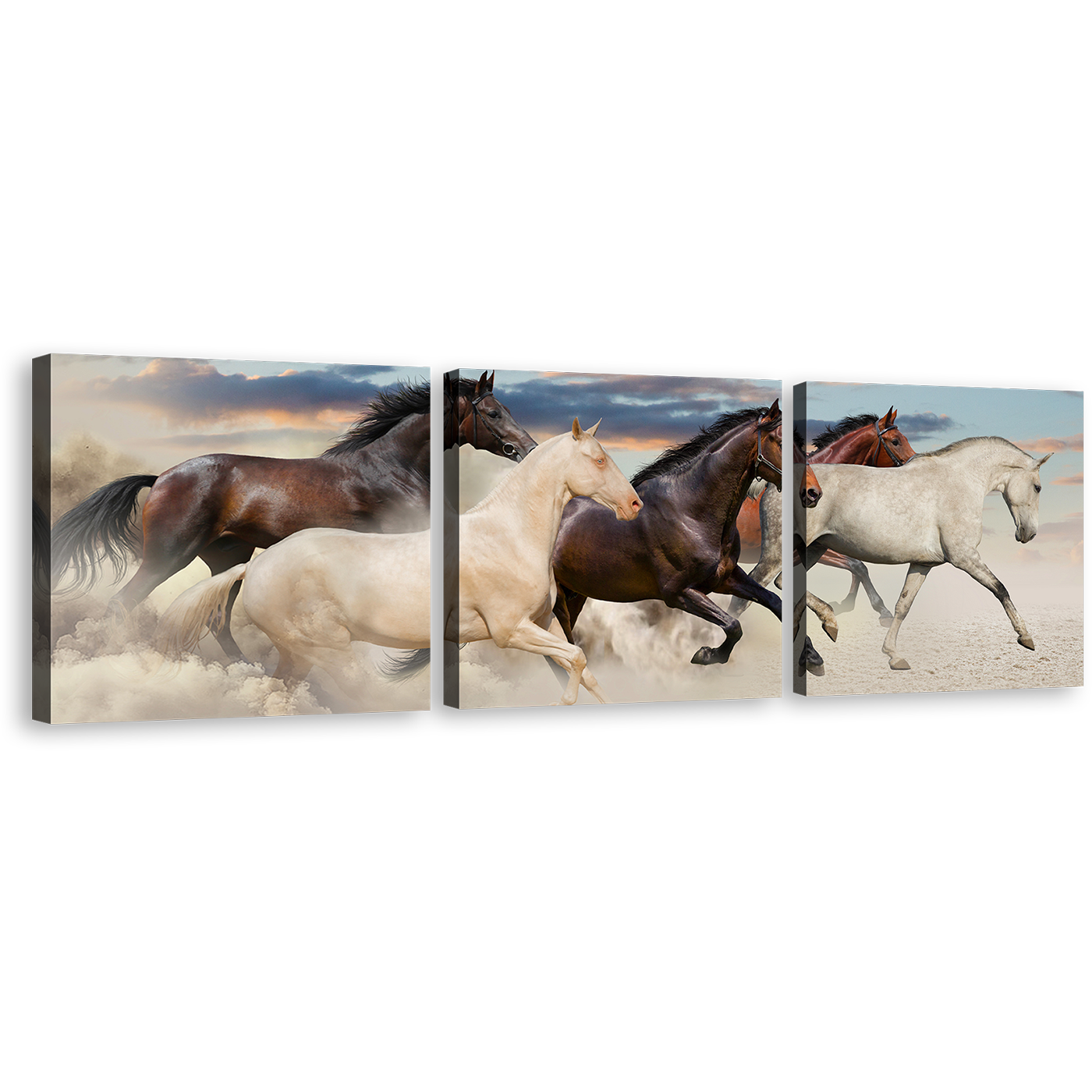 Running Horses Canvas Wall Art, Heard of Brown White Horses Canvas Print, Horses Desert at Sunset 3 Piece Canvas Set