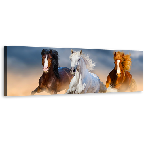 Running Horses Canvas Wall Art, Herd of Black Brown Horses Panoramic Canvas, Group of Horses in Desert Wide Canvas Print