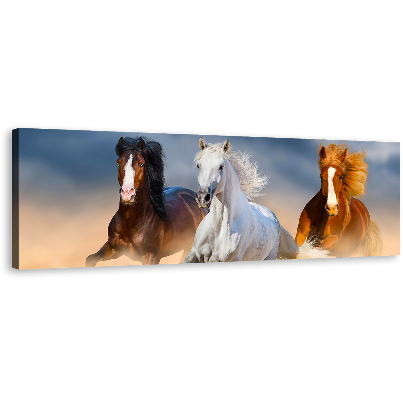 Running Horses Canvas Wall Art, Herd of Black Brown Horses Panoramic Canvas, Group of Horses in Desert Wide Canvas Print