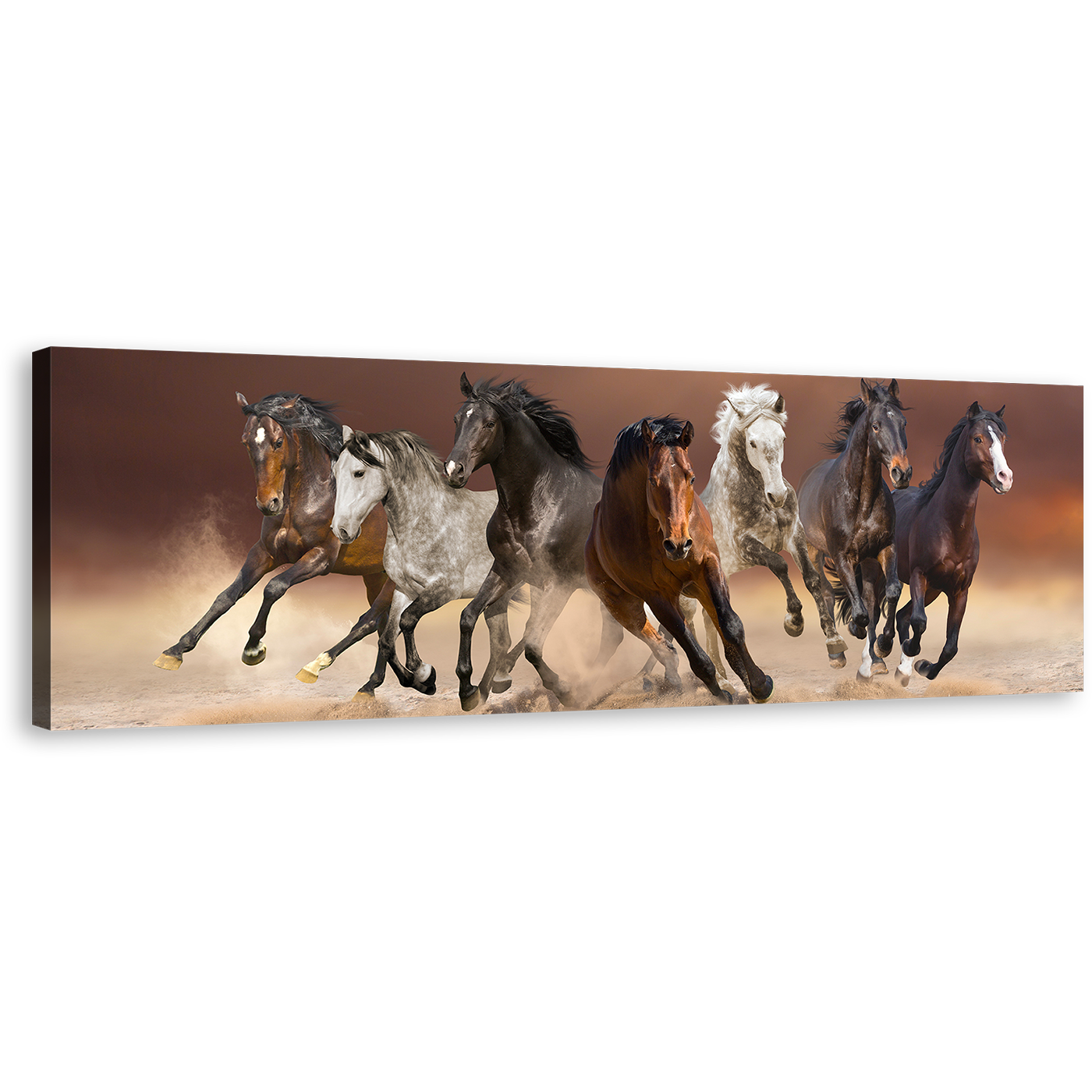 Running Horses Canvas Wall Art, Herd of Black White Horses Canvas Print, Brown Horses Desert Panorama Canvas