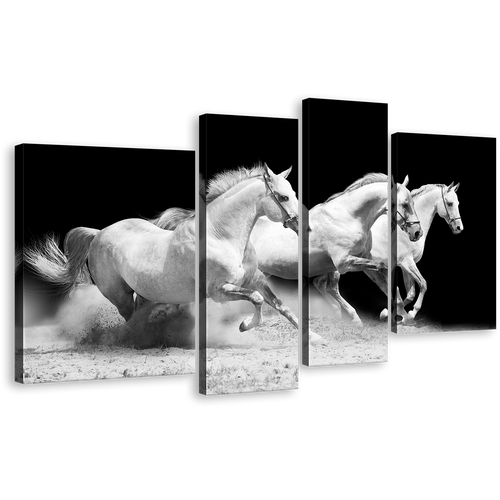 Running Horses Canvas Wall Art, White Grey Galloping Horses 4 Piece Multiple Canvas, Herd Of Horses Canvas Print