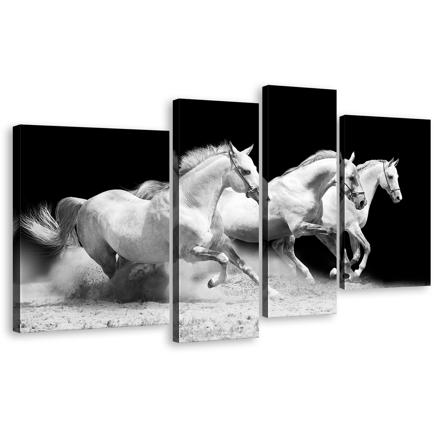 Running Horses Canvas Wall Art, White Grey Galloping Horses 4 Piece Multiple Canvas, Herd Of Horses Canvas Print