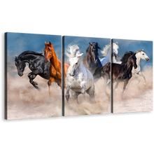 Load image into Gallery viewer, Running Horses Canvas Wall Art, Wild Horses Running Forward 3 Piece Multi Canvas, Black White Brown Horses Triptych Canvas Print
