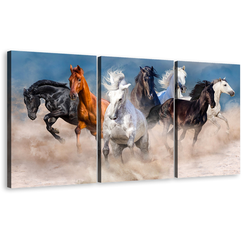 Running Horses Canvas Wall Art, Wild Horses Running Forward 3 Piece Multi Canvas, Black White Brown Horses Triptych Canvas Print