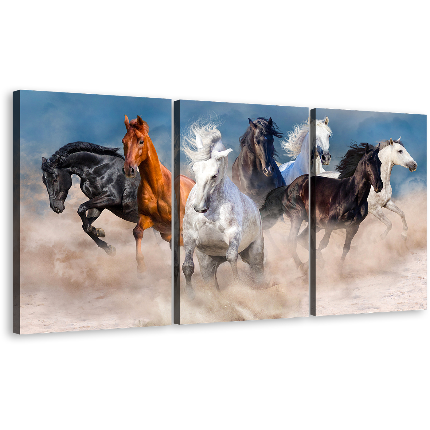 Running Horses Canvas Wall Art, Wild Horses Running Forward 3 Piece Multi Canvas, Black White Brown Horses Triptych Canvas Print