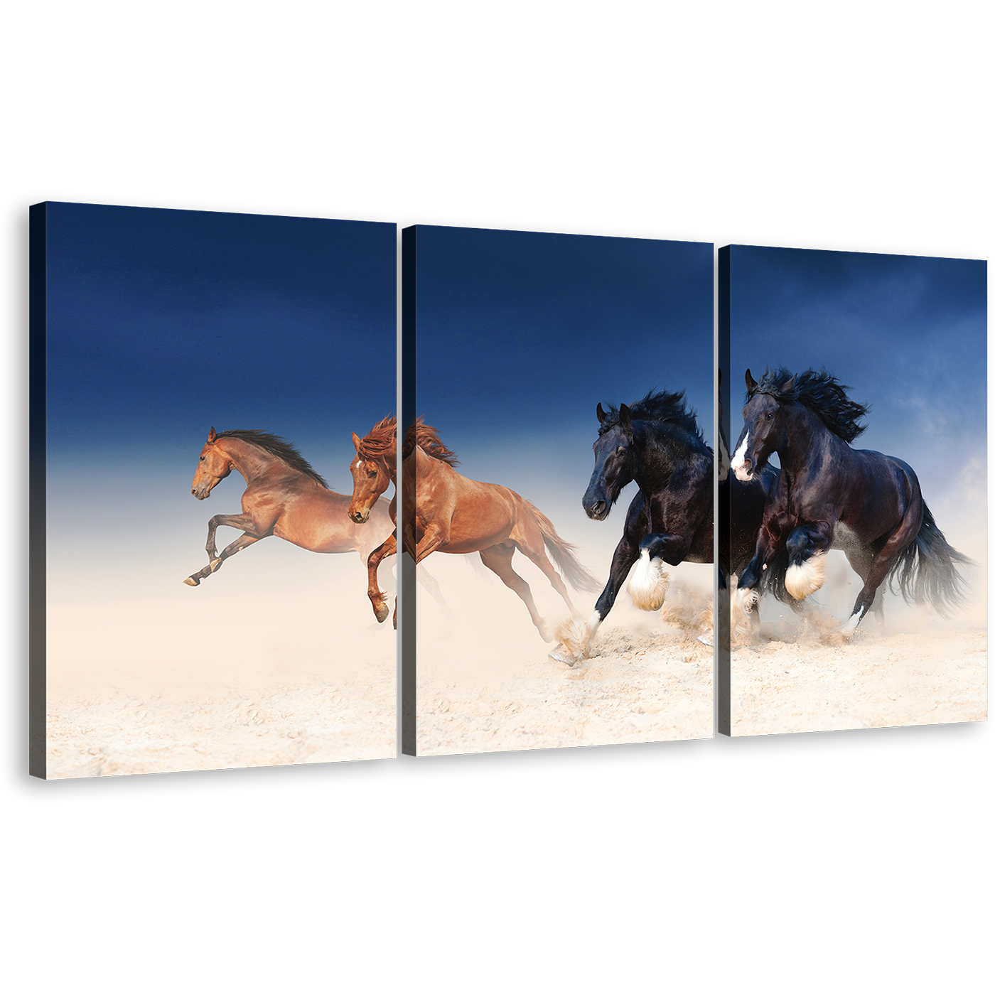 Running Horses Wall Art, Herd of Black Brown Horses 3 Piece Multi Canvas, Beautiful Stallions Wide Canvas Print