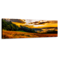 Load image into Gallery viewer, Rural Landscape Wall Art, Yellow Sky Misty Landscape Panoramic Canvas Art, Green Trees Scenery Horizon Canvas Print
