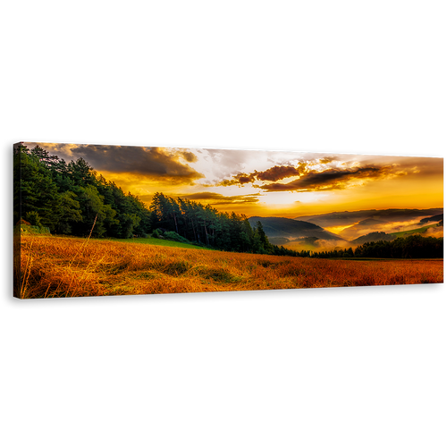 Rural Landscape Wall Art, Yellow Sky Misty Landscape Panoramic Canvas Art, Green Trees Scenery Horizon Canvas Print