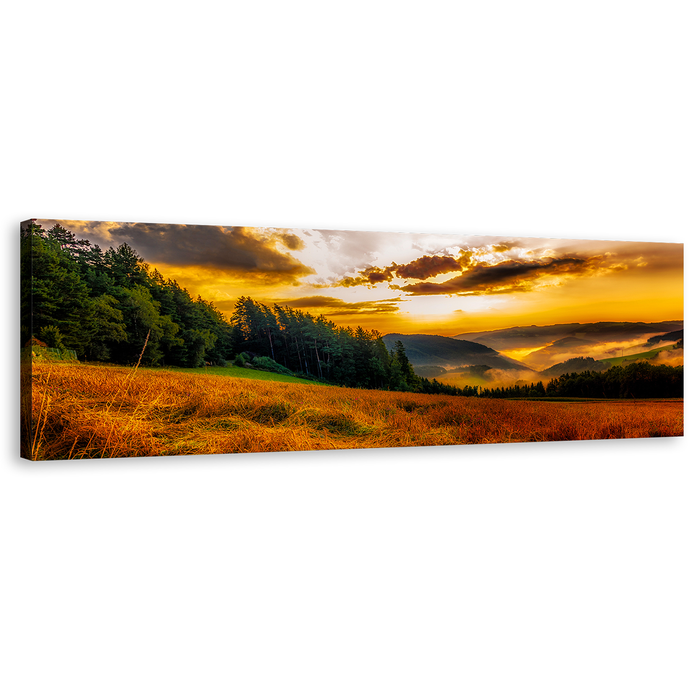 Rural Landscape Wall Art, Yellow Sky Misty Landscape Panoramic Canvas Art, Green Trees Scenery Horizon Canvas Print