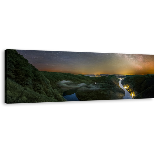 Saar Loop Canvas Wall Art, Mettlach Germany Green Landscape Panorama Canvas, Cloef Orscholz River Grey Sky Canvas Print