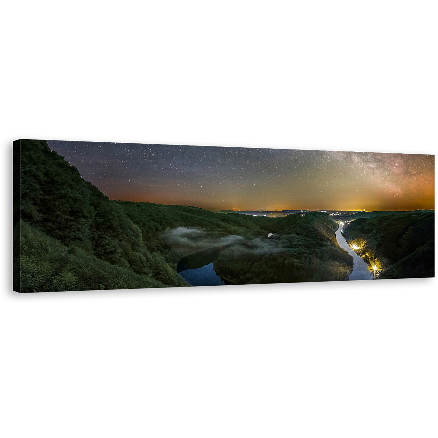 Saar Loop Canvas Wall Art, Mettlach Germany Green Landscape Panorama Canvas, Cloef Orscholz River Grey Sky Canvas Print