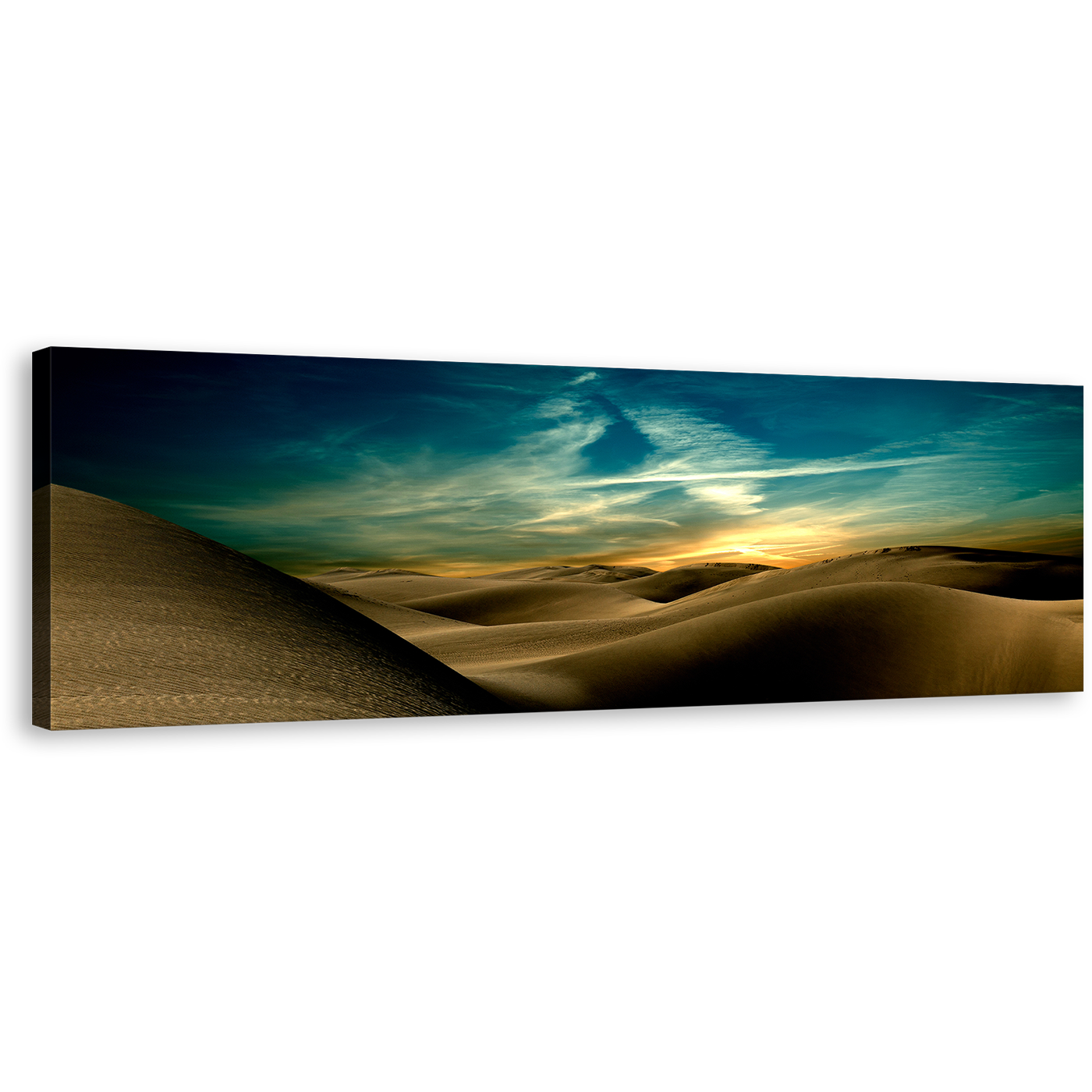 Sahara Deserts Canvas Wall Art, Dunes Mountains Blue Dramatic Sky Panoramic Canvas, Brown Sand Desert at Night Canvas Print