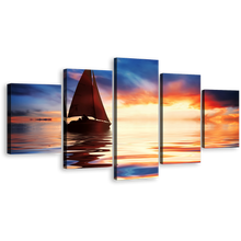 Load image into Gallery viewer, Sailboat Ocean Canvas Wall Art, Orange Sunset Boat 5 Piece Multi Canvas Artwork, Dramatic Blue Sky Seascape Canvas Print
