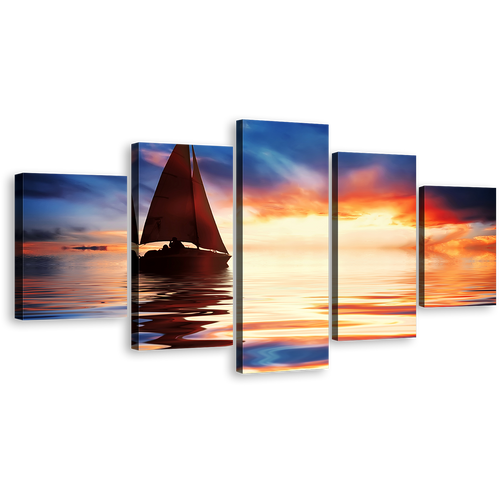 Sailboat Ocean Canvas Wall Art, Orange Sunset Boat 5 Piece Multi Canvas Artwork, Dramatic Blue Sky Seascape Canvas Print