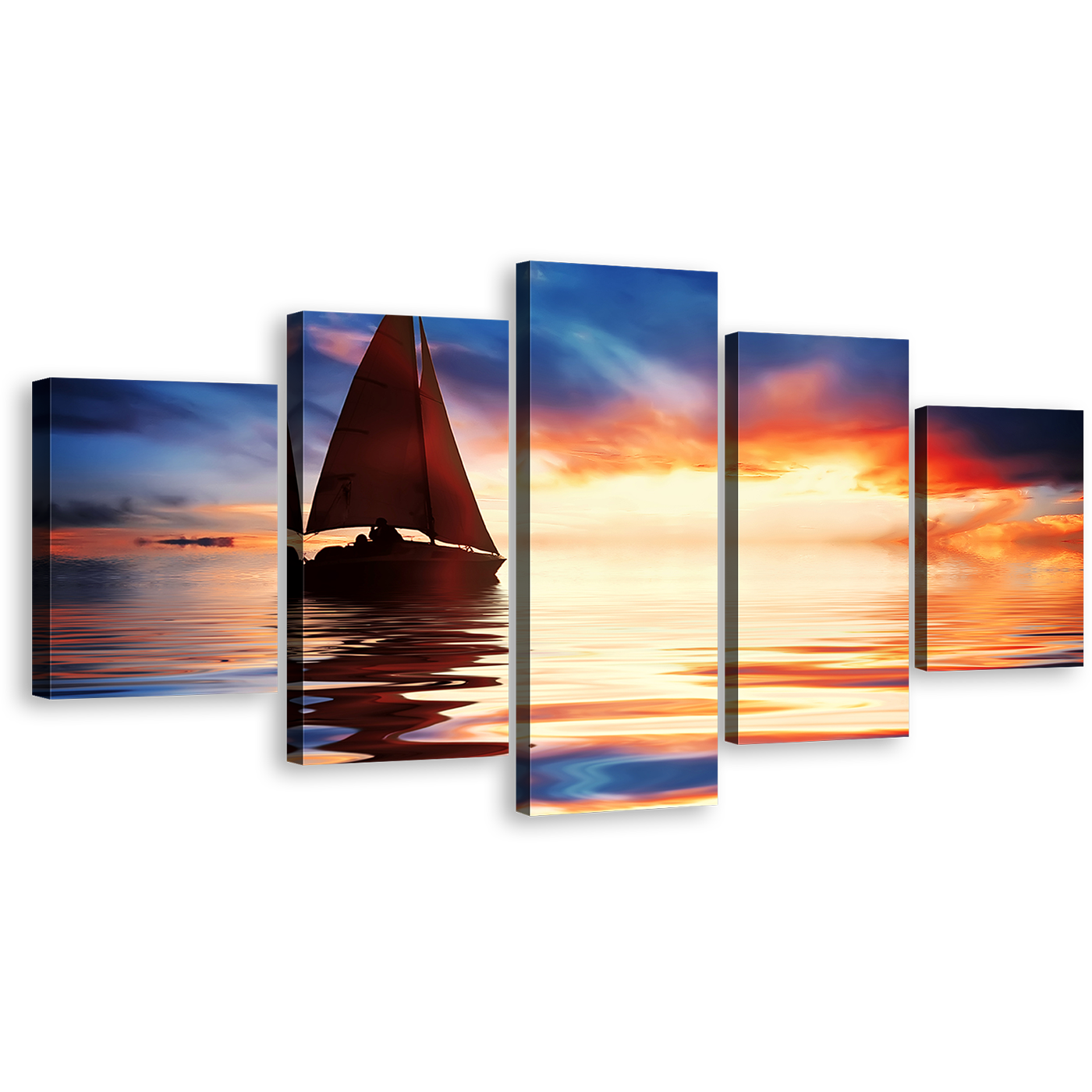 Sailboat Ocean Canvas Wall Art, Orange Sunset Boat 5 Piece Multi Canvas Artwork, Dramatic Blue Sky Seascape Canvas Print