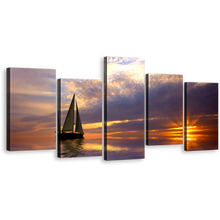 Load image into Gallery viewer, Sailboat Ocean Sunset Wall Art, Sailing Boat at Orange Sunset 5 Piece Canvas Print, Blue Gold Ocean Multiple Canvas
