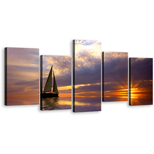 Sailboat Ocean Sunset Wall Art, Sailing Boat at Orange Sunset 5 Piece Canvas Print, Blue Gold Ocean Multiple Canvas