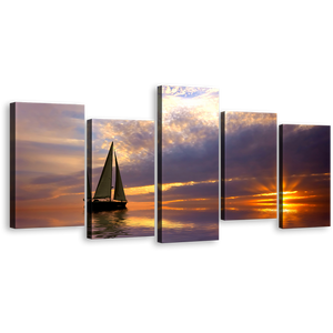 Sailboat Ocean Sunset Wall Art, Sailing Boat at Orange Sunset 5 Piece Canvas Print, Blue Gold Ocean Multiple Canvas