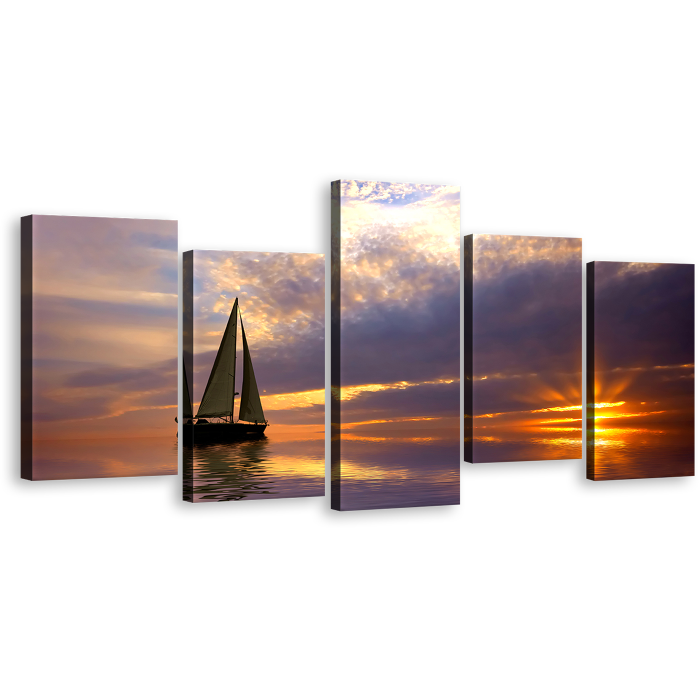 Sailboat Ocean Sunset Wall Art, Sailing Boat at Orange Sunset 5 Piece Canvas Print, Blue Gold Ocean Multiple Canvas