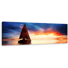 Load image into Gallery viewer, Sailboat Seascape Canvas Print, Blue Sky Sailboat Panoramic Canvas Wall Art, Dramatic Orange Sunset Seascape Boat Wide Canvas
