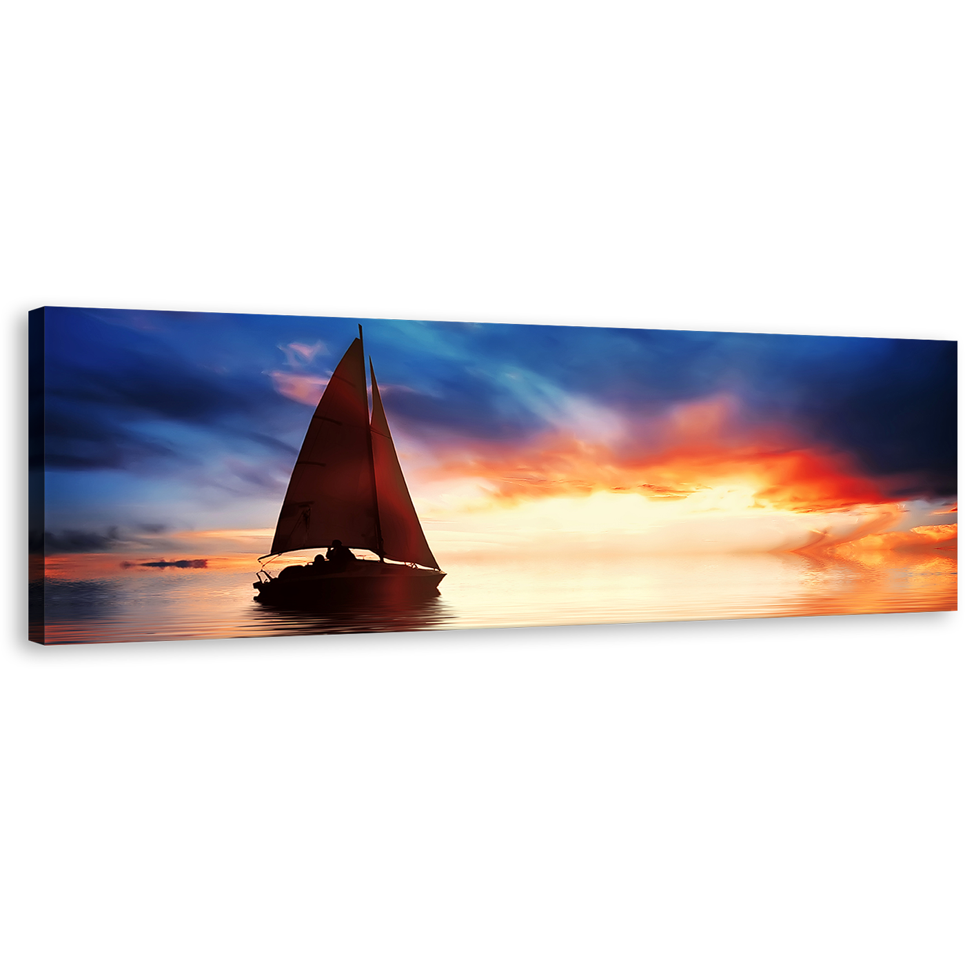 Sailboat Seascape Canvas Print, Blue Sky Sailboat Panoramic Canvas Wall Art, Dramatic Orange Sunset Seascape Boat Wide Canvas