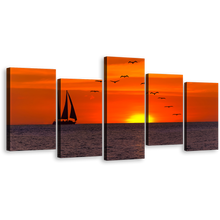 Load image into Gallery viewer, Sailboat Seascape Canvas Wall Art, Beautiful Yellow Sunset Sea Canvas Set, Birds Flock in Orange Sky 5 Piece Canvas Print
