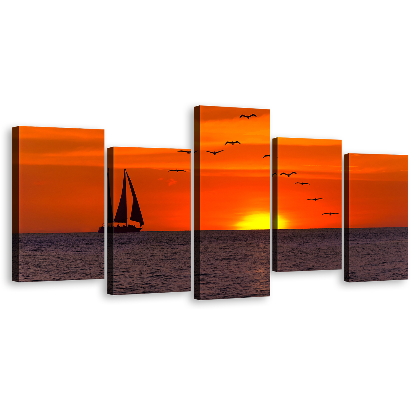 Sailboat Seascape Canvas Wall Art, Beautiful Yellow Sunset Sea Canvas Set, Birds Flock in Orange Sky 5 Piece Canvas Print