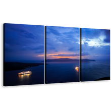 Load image into Gallery viewer, Sailboats Harbor Wall Art, Blue Yellow Sky Ocean 3 Piece Canvas Print, Santorini Greece Sunset Multi Canvas
