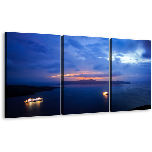 Sailboats Harbor Wall Art, Blue Yellow Sky Ocean 3 Piece Canvas Print, Santorini Greece Sunset Multi Canvas