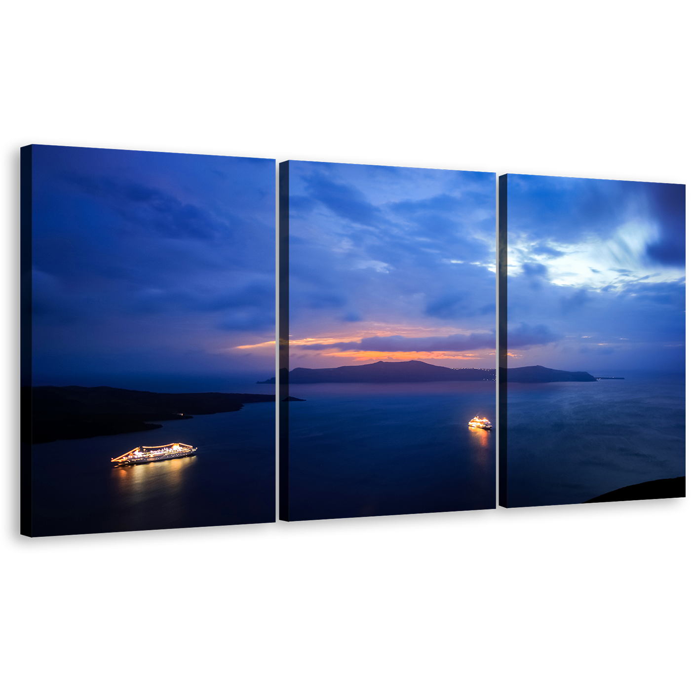 Sailboats Harbor Wall Art, Blue Yellow Sky Ocean 3 Piece Canvas Print, Santorini Greece Sunset Multi Canvas