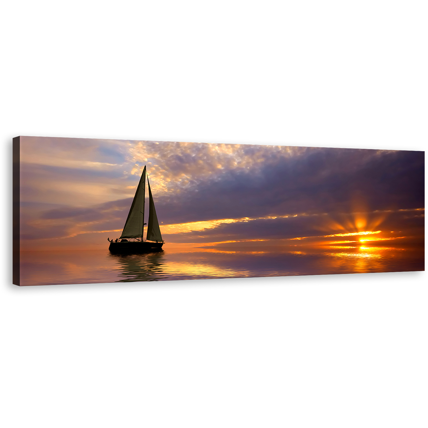 Sailing Boat Canvas Wall Art, Blue Orange Boat Ocean Panoramic Canvas Art, Sailboat Seascape Canvas Print