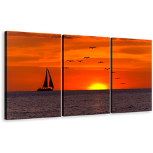 Load image into Gallery viewer, Sailing Boat Canvas Wall Art, Yellow Sunset Seascape Multi Canvas Artwork, Birds Flying in Orange Sky 3 Piece Canvas Print
