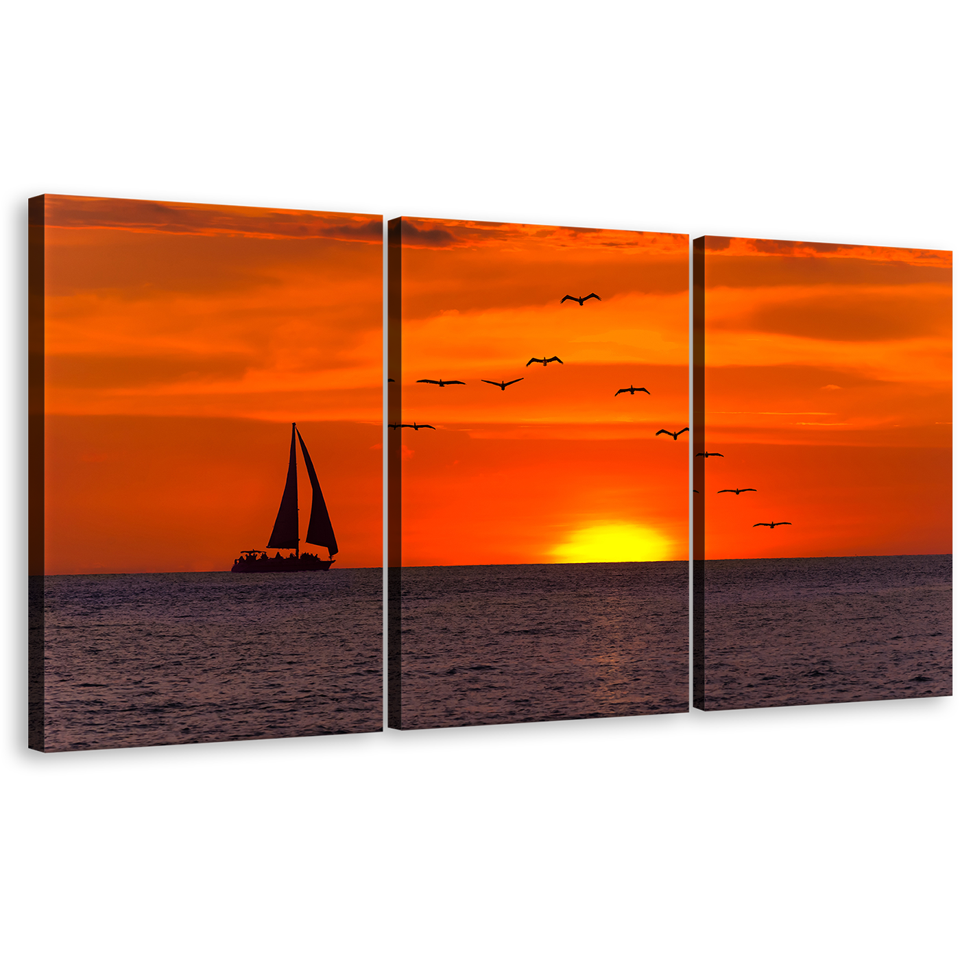 Sailing Boat Canvas Wall Art, Yellow Sunset Seascape Multi Canvas Artwork, Birds Flying in Orange Sky 3 Piece Canvas Print