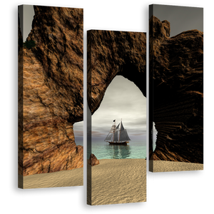 Sailing Boat Wall Art, Brown Cave Pirate Boat Ship 3 Piece Canvas Set, Beach Grey Sky Ocean Canvas Print