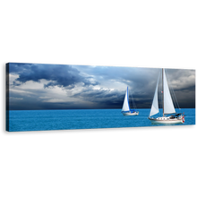 Load image into Gallery viewer, Sailing Boats Wall Art, Dramatic Blue Ocean Canvas Print, White Cloudy Sky Sail Boat Panoramic Canvas Art
