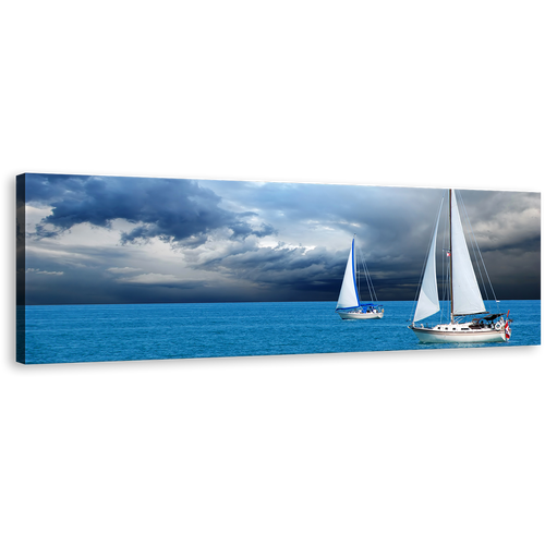 Sailing Boats Wall Art, Dramatic Blue Ocean Canvas Print, White Cloudy Sky Sail Boat Panoramic Canvas Art