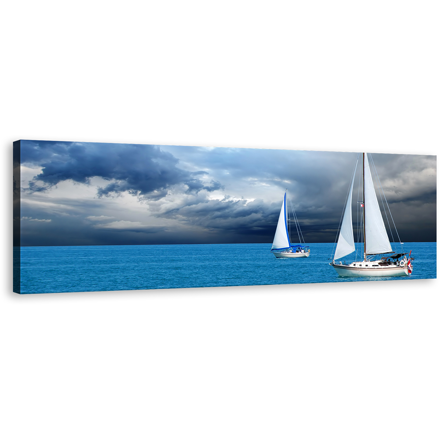 Sailing Boats Wall Art, Dramatic Blue Ocean Canvas Print, White Cloudy Sky Sail Boat Panoramic Canvas Art