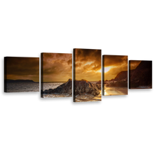 Load image into Gallery viewer, Salcombe Beach Canvas Wall Art, Dramatic Yellow Cloudy Sunset Sky Multi Canvas, South Devon Mountains Rocks Canvas Set, Brown Ocean Beach 5 Piece Canvas
