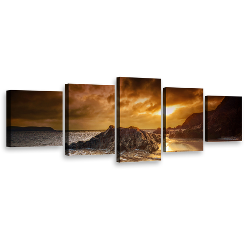 Salcombe Beach Canvas Wall Art, Dramatic Yellow Cloudy Sunset Sky Multi Canvas, South Devon Mountains Rocks Canvas Set, Brown Ocean Beach 5 Piece Canvas