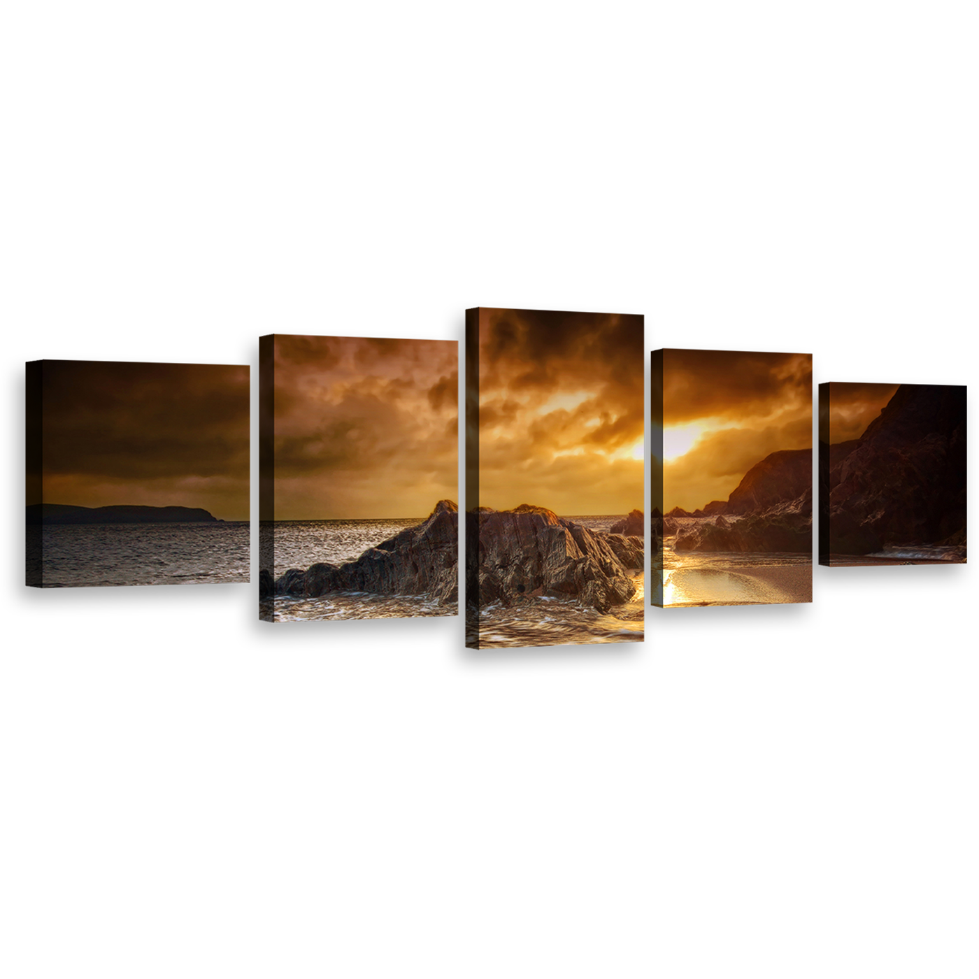 Salcombe Beach Canvas Wall Art, Dramatic Yellow Cloudy Sunset Sky Multi Canvas, South Devon Mountains Rocks Canvas Set, Brown Ocean Beach 5 Piece Canvas