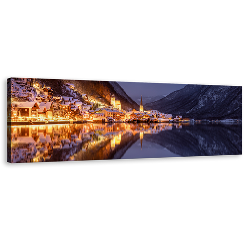 Salzkammergut Mountains Canvas Wall Art, Hallstatt Gold City Lights Panoramic Canvas Print, Austria Lake Reflection at Sunset 1 Piece Canvas, Boots in Grey Lake Wide Canvas