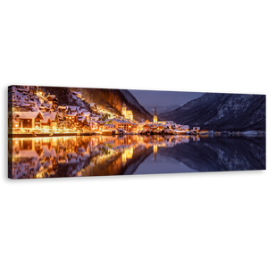 Salzkammergut Mountains Canvas Wall Art, Hallstatt Gold City Lights Panoramic Canvas Print, Austria Lake Reflection at Sunset 1 Piece Canvas, Boots in Grey Lake Wide Canvas