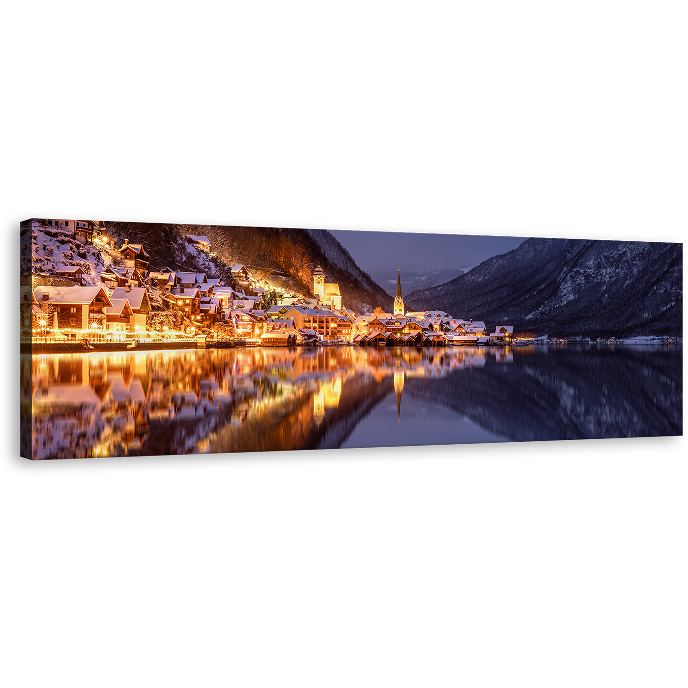 Salzkammergut Mountains Canvas Wall Art, Hallstatt Gold City Lights Panoramic Canvas Print, Austria Lake Reflection at Sunset 1 Piece Canvas, Boots in Grey Lake Wide Canvas