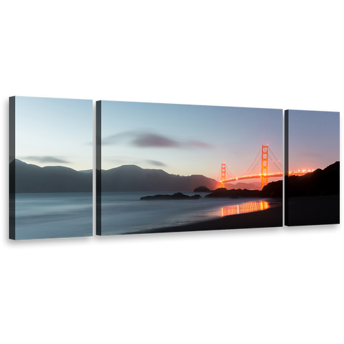 San Francisco City Canvas Wall Art, Amazing Grey Dusk Triptych Canvas Print, Gold Gate Orange Bridge 3 Piece Multi Canvas Artwork