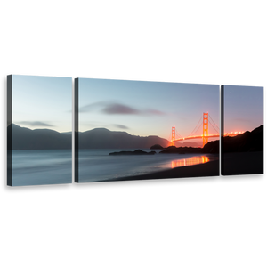 San Francisco City Canvas Wall Art, Amazing Grey Dusk Triptych Canvas Print, Gold Gate Orange Bridge 3 Piece Multi Canvas Artwork