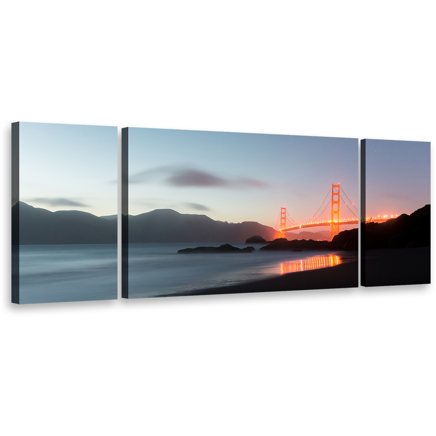 San Francisco City Canvas Wall Art, Amazing Grey Dusk Triptych Canvas Print, Gold Gate Orange Bridge 3 Piece Multi Canvas Artwork