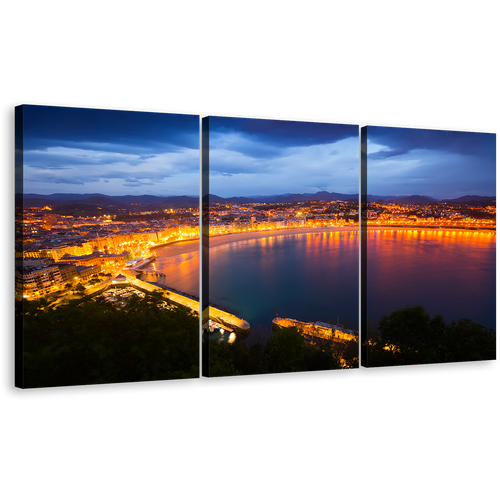 San Sebastián Canvas Wall Art, Yellow City Beach Canvas Print, Spain La Concha Bay 3 Piece Canvas Set